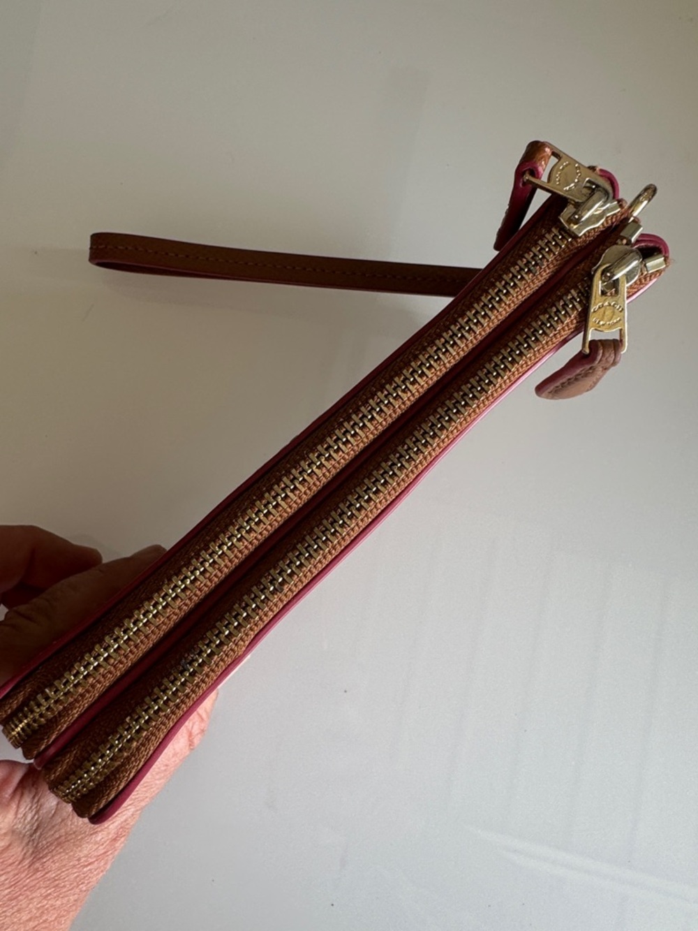 COACH Brown Double Leather Wristlet with Pink Trim - Picture 6 of 11